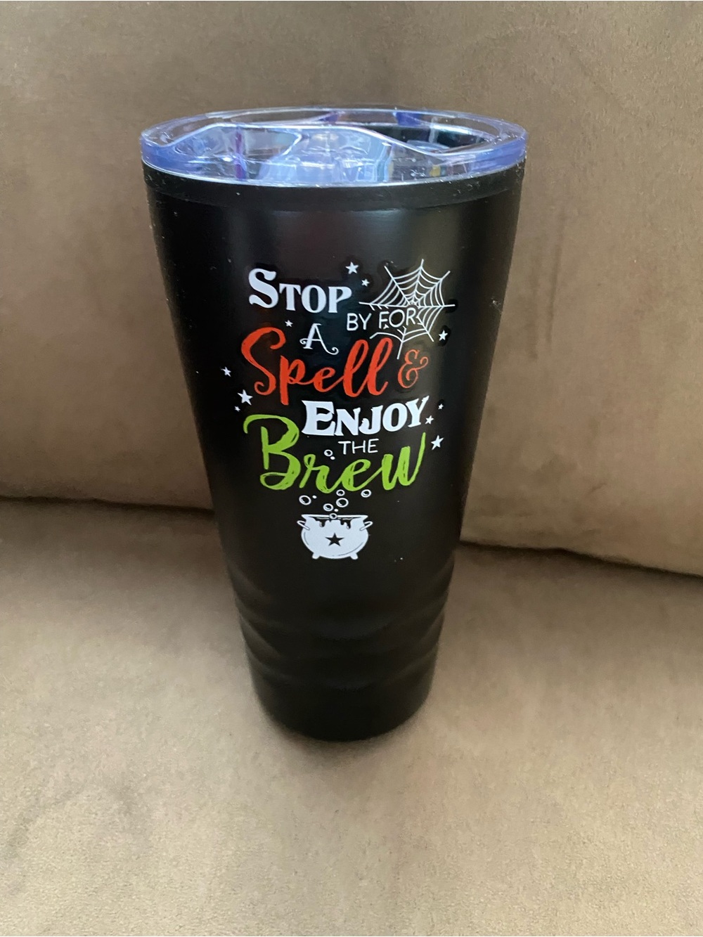 Source Unknown Black Halloween Tumbler with Orange, Green & White Lettering